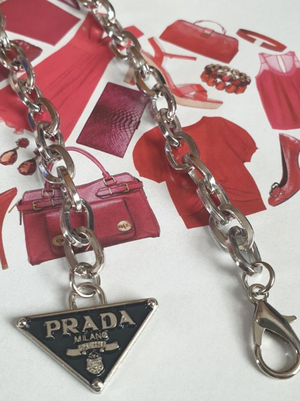 Prada Triangle Silver Metal Chain Belt Fashion Women Casual Formal Accessory